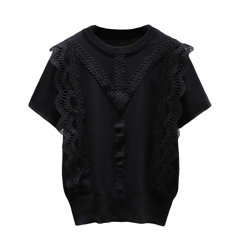 2022 White Summer New Korean Style Lace Panel Short-Sleeve T-shirt Black Tshirt Women\'s Casual Round Neck T-shirts Tees Tops