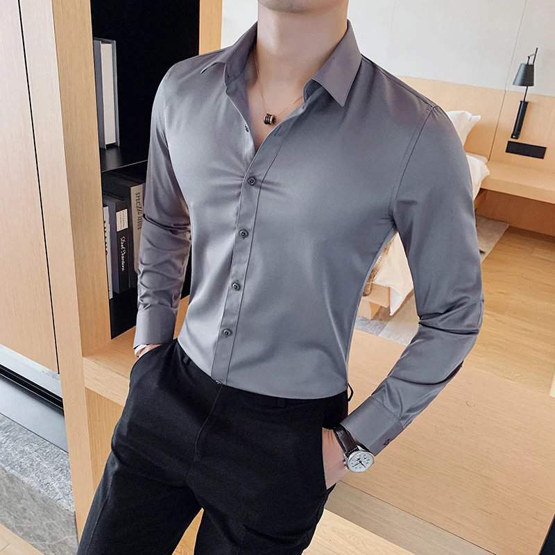 High Quality New Solid Dress Shirt Men Long Sleeve Fashion Slim Male Social Casual Business Shirt Black White Green Dress Shirt