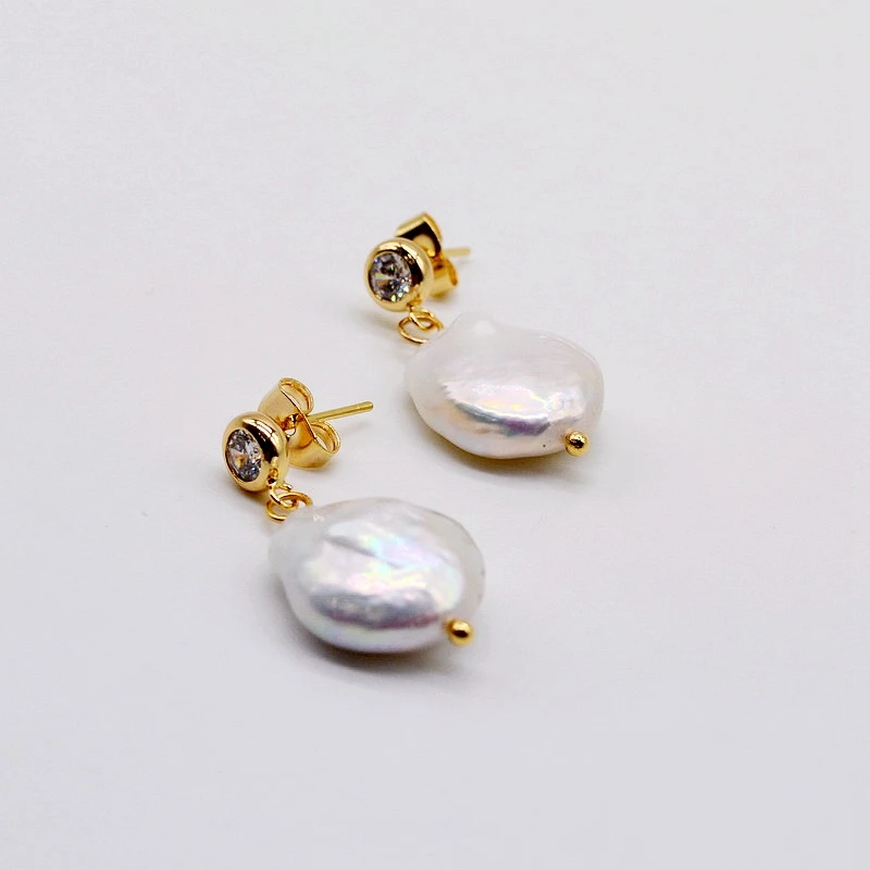 Pearl Earrings White Natural Pearl Pendant Cubic Zirconia Baroque Gold Women Earrings