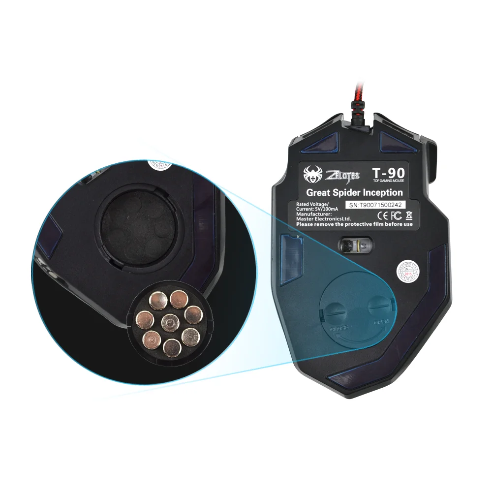 9200 ديسيبل متوحد الخواص ZELOTES T90 ماوس الألعاب 8 زر الوزن المعدني تصميم اليد ضوء تعديل اللون LED USB الكمبيوتر السلكية ألعاب الفئران