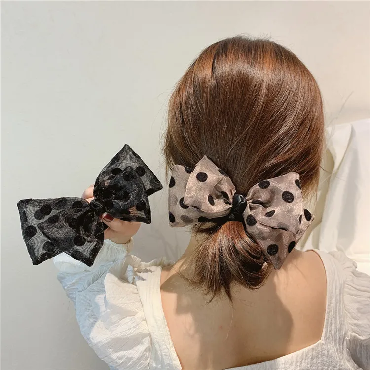 Korea spring and summer organza black bow polka dot hair rope net red hair head rope girl hair ring spring clip