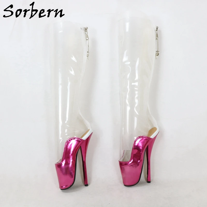 Sorbern Con Serratura Posteriore Della Chiusura Lampo Balletto Stivali Alti Al Ginocchio Vedere Attraverso di Plastica Stivali Metallic Crossdress