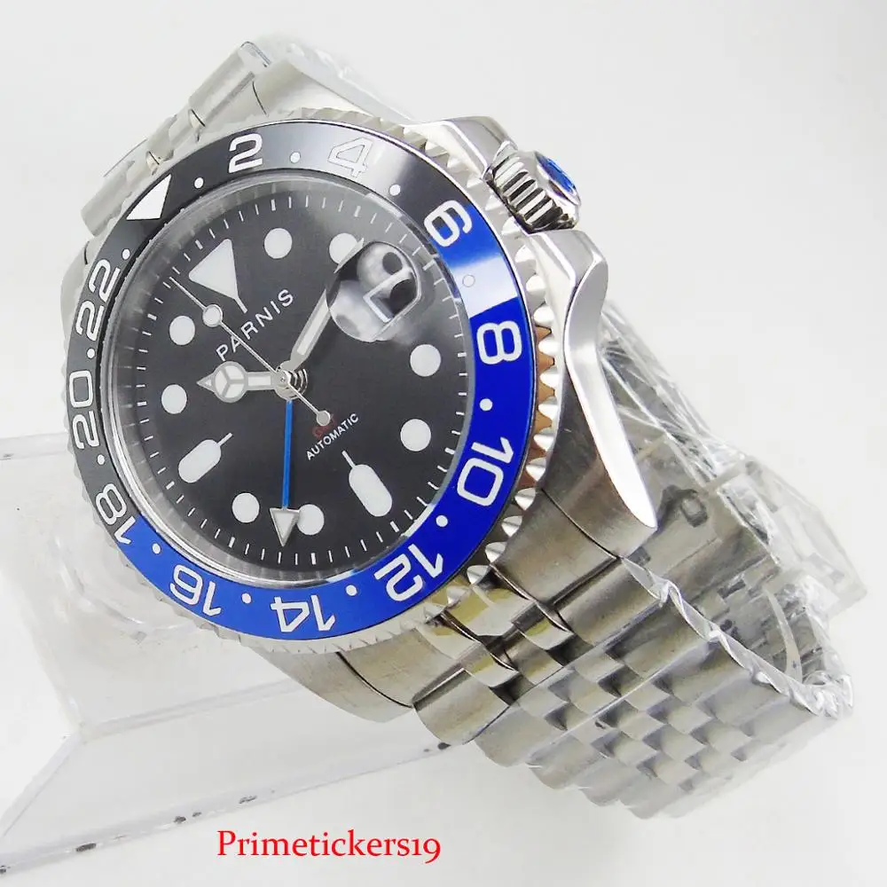 PARNIS Brand Dress Blue Black Bezel 40mm Automatic Men Wristwatch GMT Hand MINGZHU 3804 Movement