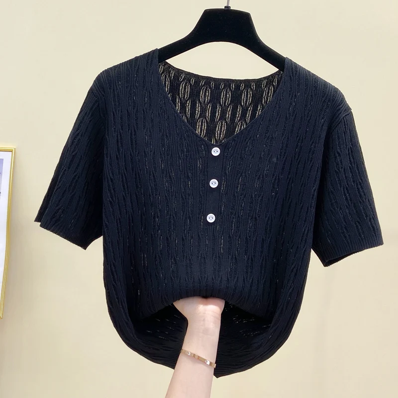 M-4XL Large size summer thin pullover v-neck sweater women short sleeve loose knitted bottoming shirt wool top