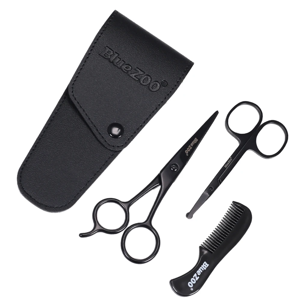 Mustache Eyebrow Nose Hair Scissors Set with Comb Facial Trimming for Beauty