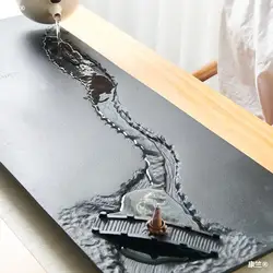 Handmade Carved Black Stone Tea Tray Weighted Engraved Bridge Boat Design Serving Tray for Tea Set Table & Feet Water Draining