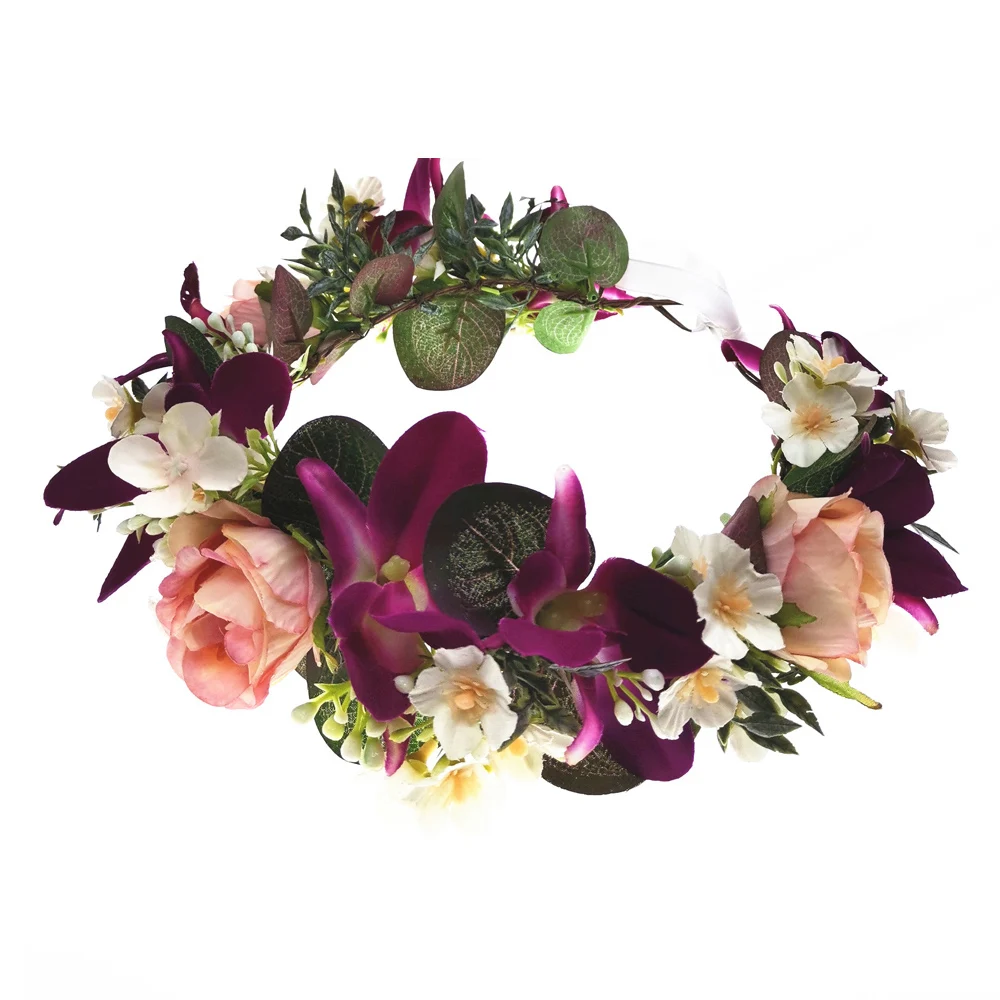 Wholesales Orchid & Rose Flowers Crown Headbands Women Hair Accessories Wedding Headwear Hat Decoration Floral Garlands