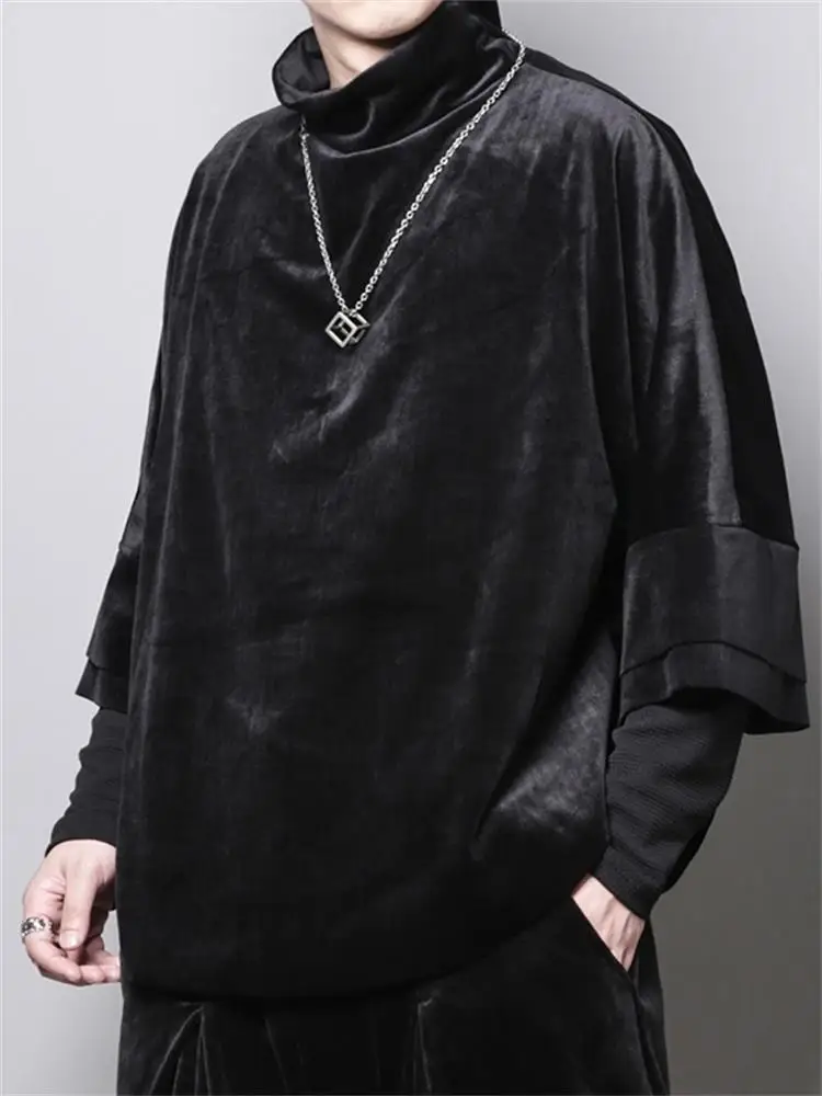 Men's autumn new dark velvet surface loose personality simple cape with seven-point sleeve stand collar and high collar T-shirt