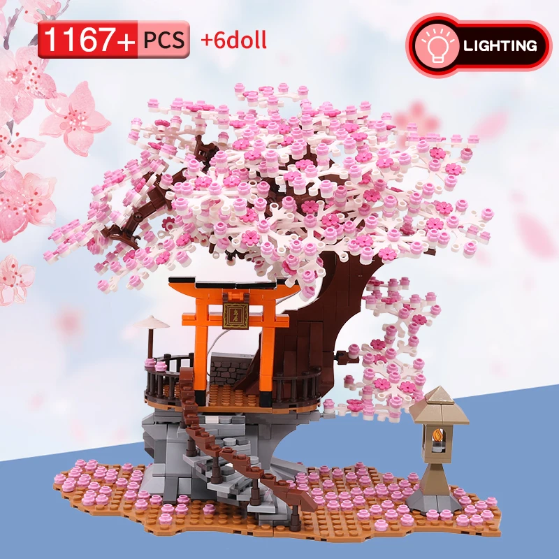 City Mini Street Building Blocks Japanese Fushimi Inari Shrine Sakura Model Classic MOC Kids Toys Children Gift