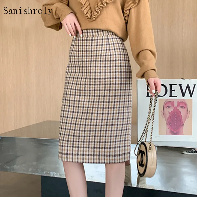 

2021 New Autumn Winter Korea Woolen Plaid Skirt Women High Waist Split A-Line Bodycon Skirt Office Lady Midi Long Pencil Skirts