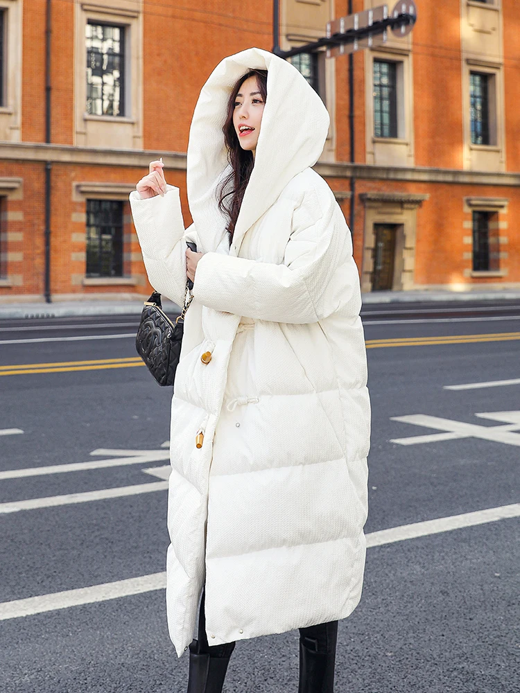 White over-the-knee Longer down jacket women 2021 winter new style Korean horn buckle hooded was thin thick warm coat WY423