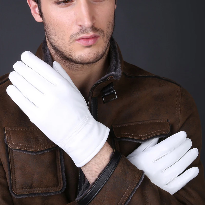 Gants courts en cuir véritable pour hommes, mitaines de police, gants de sport à doigts complets, peau de mouton de cérémonie, blanc, chaud, mode