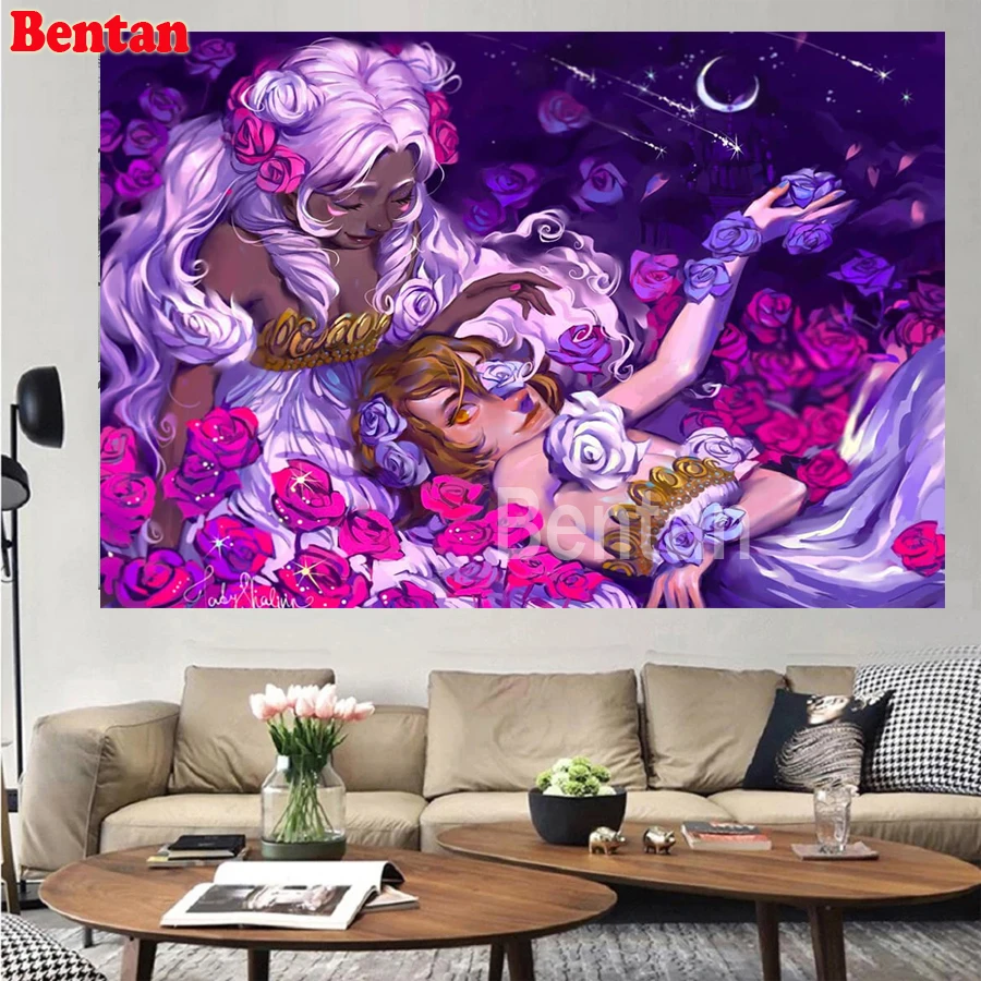 Full Square round Diamond Painting Blue and Purple Rose Girl 5D Diamond Embroidery sale Diamond Mosaic Handmade Home Decor