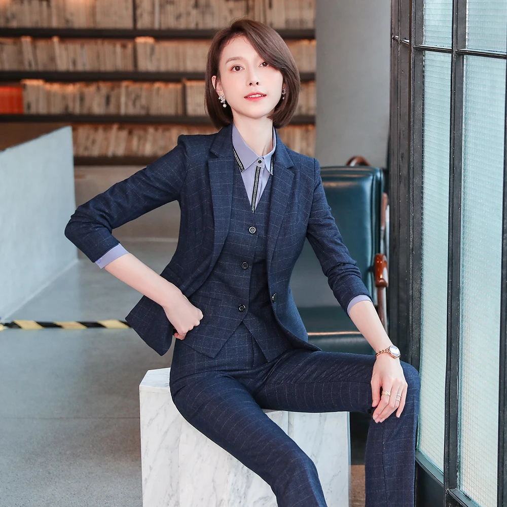 Business Work Career 3 Piece Women Pant Suit Plaid Blazer Vest and Trousers of High Quality Ladies Autumn Winter Formal Set