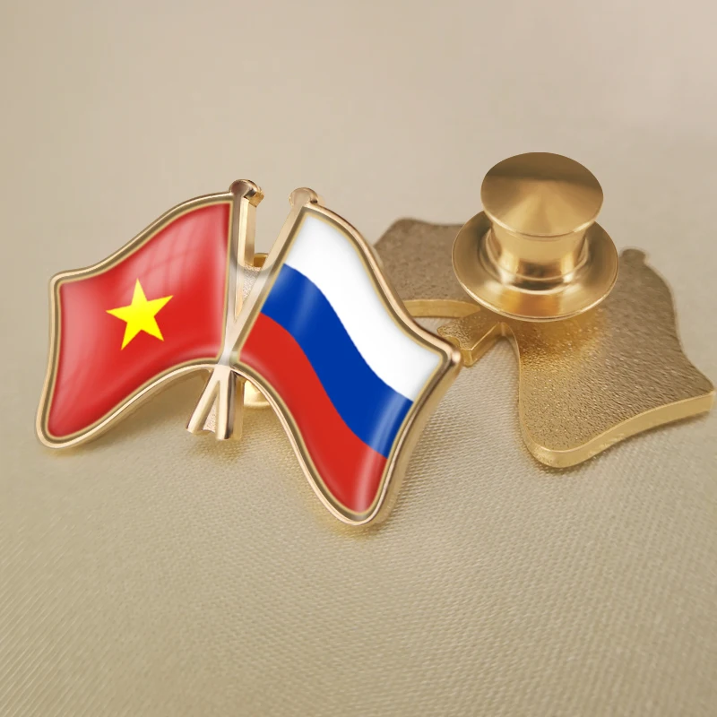 Russian Federation and Vietnam Crossed Double Friendship Flags Lapel Pins Brooch Badges