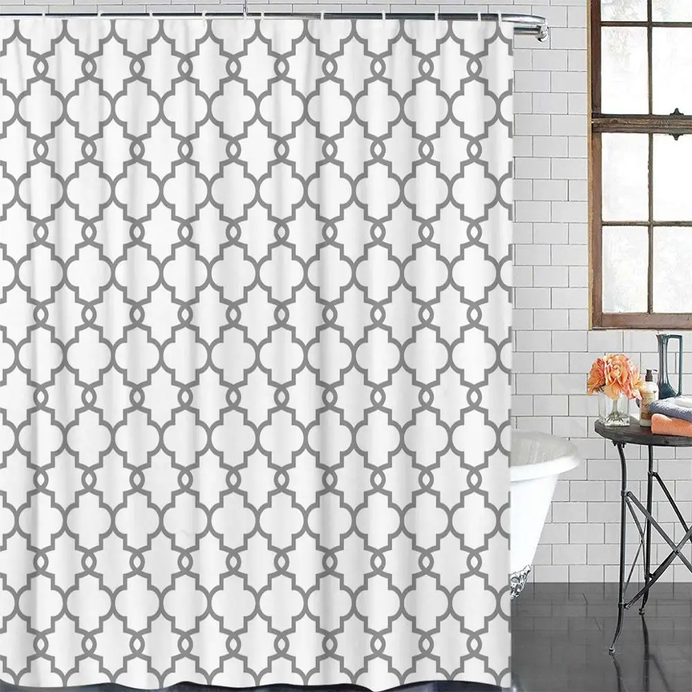New Waterproof Moroccan Style Geometric Pattern Shower Curtain Polyester Fabric Gray White Bathroom Curtains for Home Decor image 5