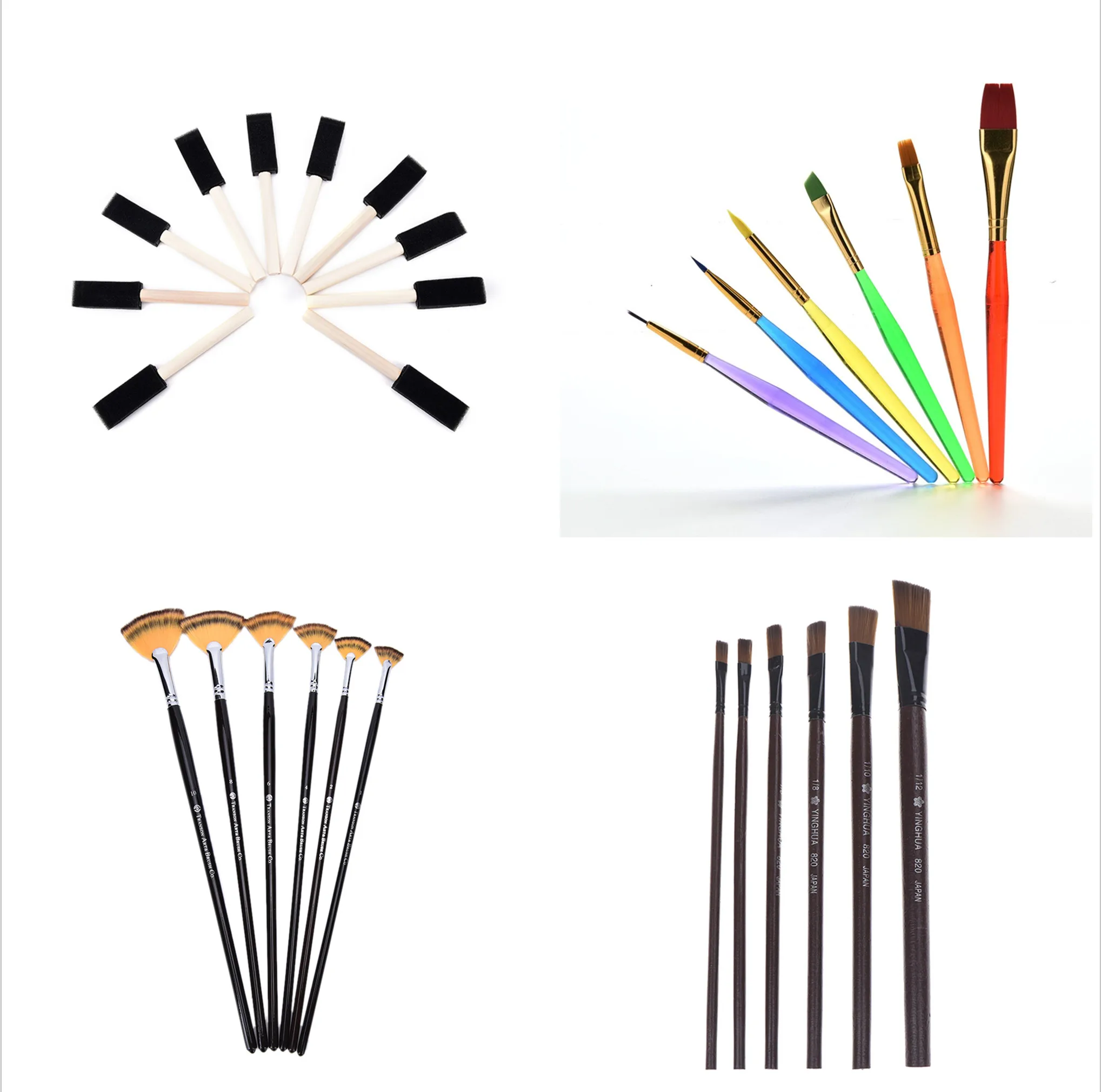 Wooden Handle Foam Brushes Fan-shaped Oil Painting Brushes Set Painting Drawing DIY Craft Draw Brushes 1/6Pcs/10PCS