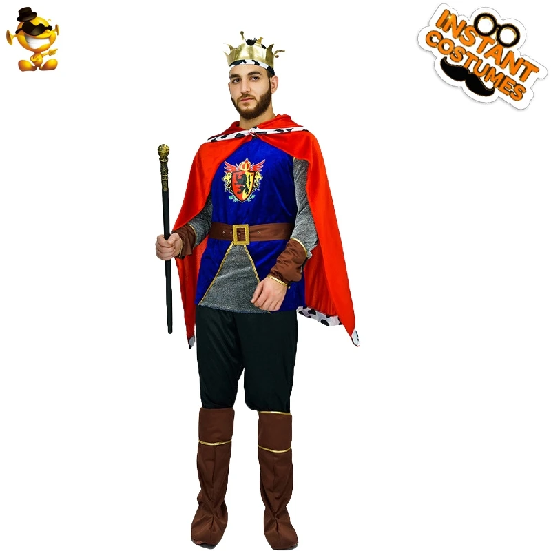 King Costume for Mens Luxury Medieval Prince Costumes Halloween Cosplay Costumes with Headpiece Red Cape Blue Coat