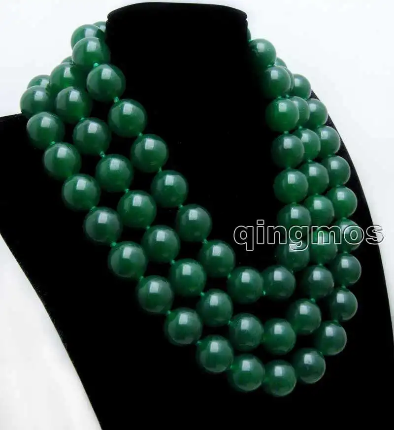 Qingmos Natural Jades Necklace for Women with Green 20mm Round Jades Necklace Stone Jewelry 3 Strands 18-23