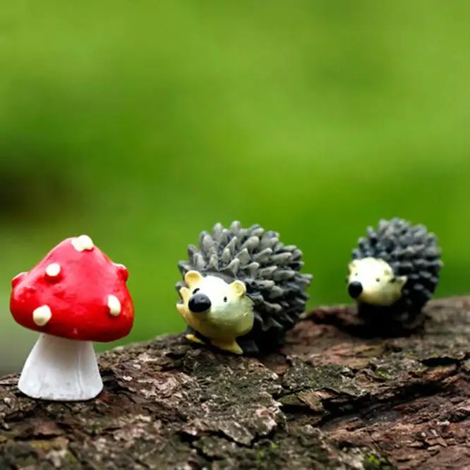 3PCS Hedgehog With Mushrooms Miniatures Home Decoration Cute Animal Fairy Garden Flower Pot Display Crafts Figurine Accessories