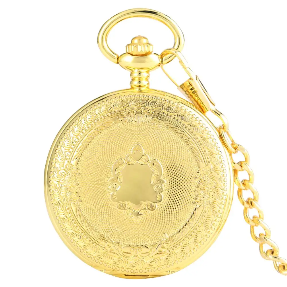 Top Luxury Golden Shield Design Skeleton Dial Mechanical Hand Winding Pocket Watch FOB Roman Numbers Clock for Men Women Gifts