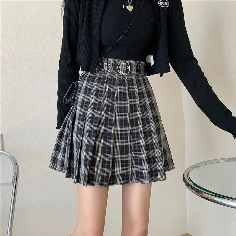 Czarny ładny Plaid plisowana Mini spódnica kobiety jesień Korea Harajuku Streetwear wysokiej talii seksowne spódnice moda Vintage spódnica Cosplay