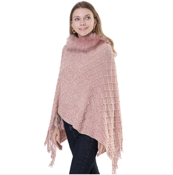 Large Knitted Shawl Women's Autumn  Winter New Chenille Cloak Fur Warm Tassel Pullover Cloak Hairy Collar Outdoors Pink