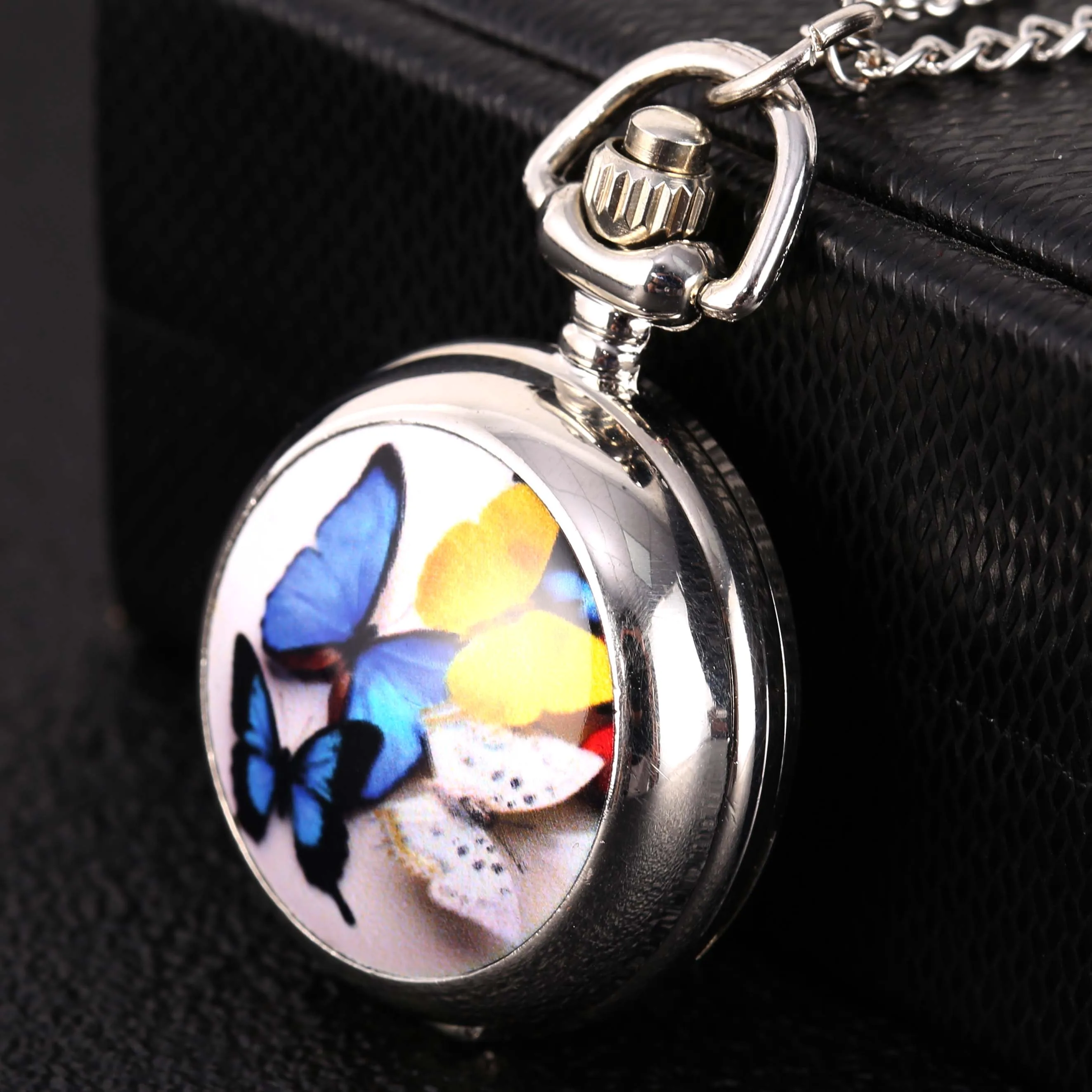 7051Ceramic blue yellow butterfly flip creative large Creative retro gift value exquisite pocket watch