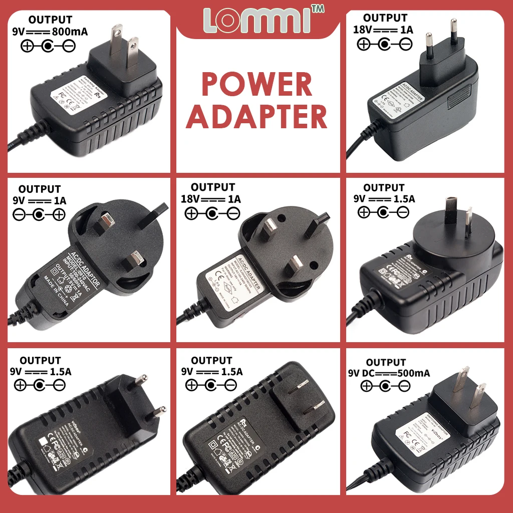 LOMMI AC-DC Adapter 9V 1.5A Power Supply Charger US/EU/UK/AU Plug Negative for 9volt For Musical Instrument