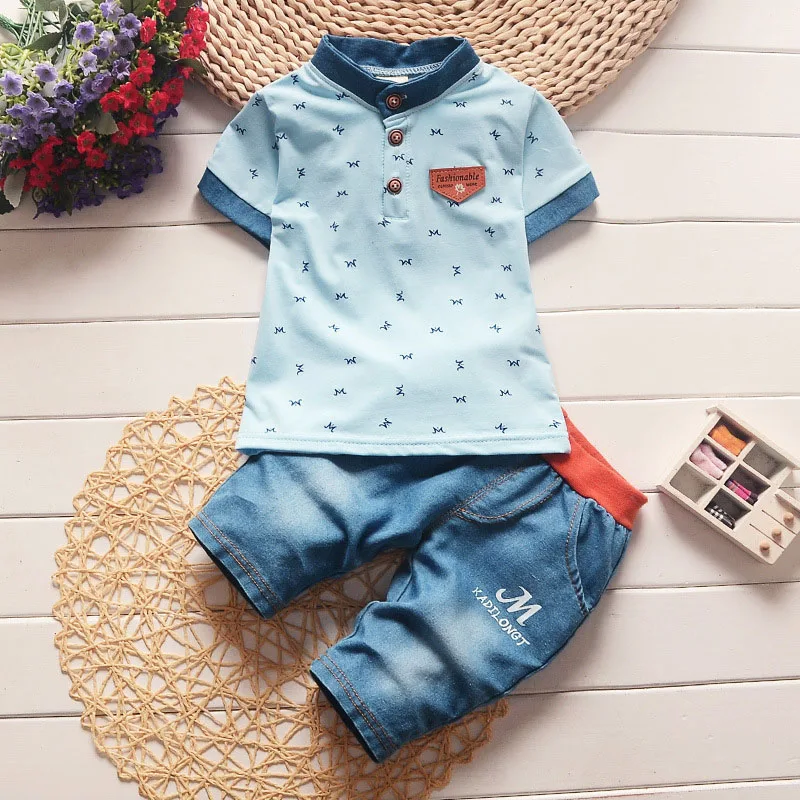 Kleding Set Jongens Zomer Korte Mouwen Patchwork Print Casual Sportkleding Top Capris 0-4 Jaar Oude Modieuze Kinderkleding