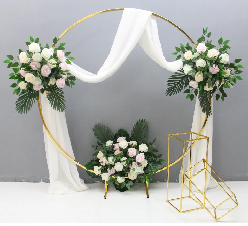 3 PCS Bright gold Iron Circle Flower Round Arch Plinth Table Cake Stand Floral Holder For Wedding Stage Birthday Party Backdrops