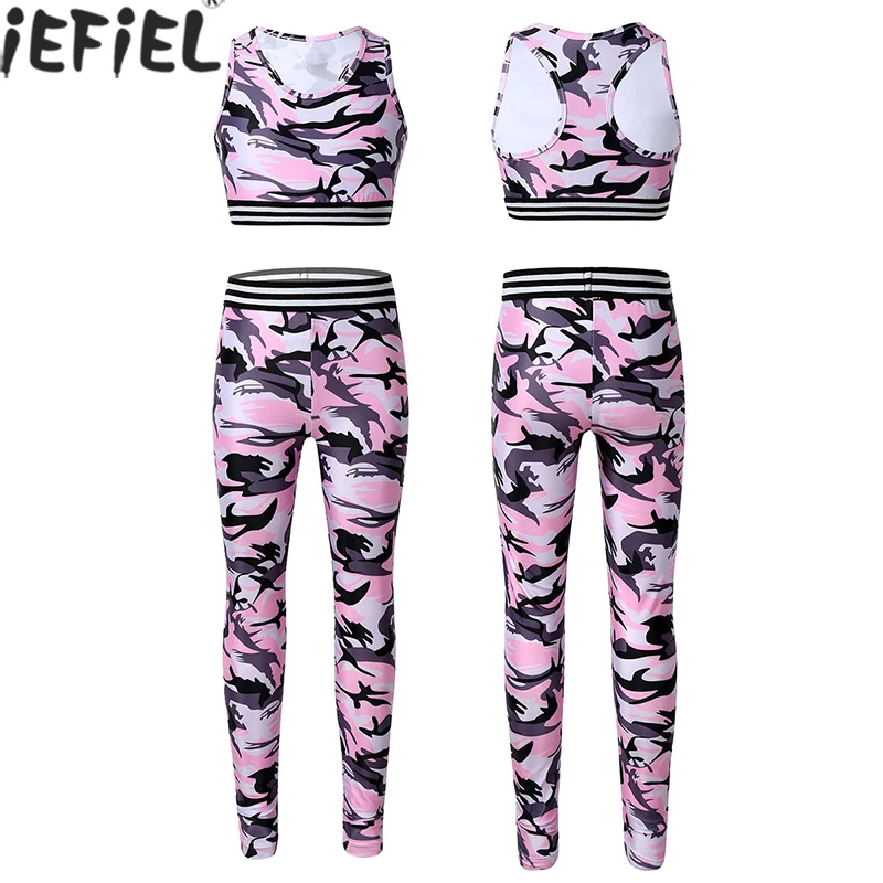 

Kids Girls Clothes Tracksuit Outfit Camouflage Printed Tanks Bra Tops Crop Top Sets for Gymnastics Stage Performance Workout