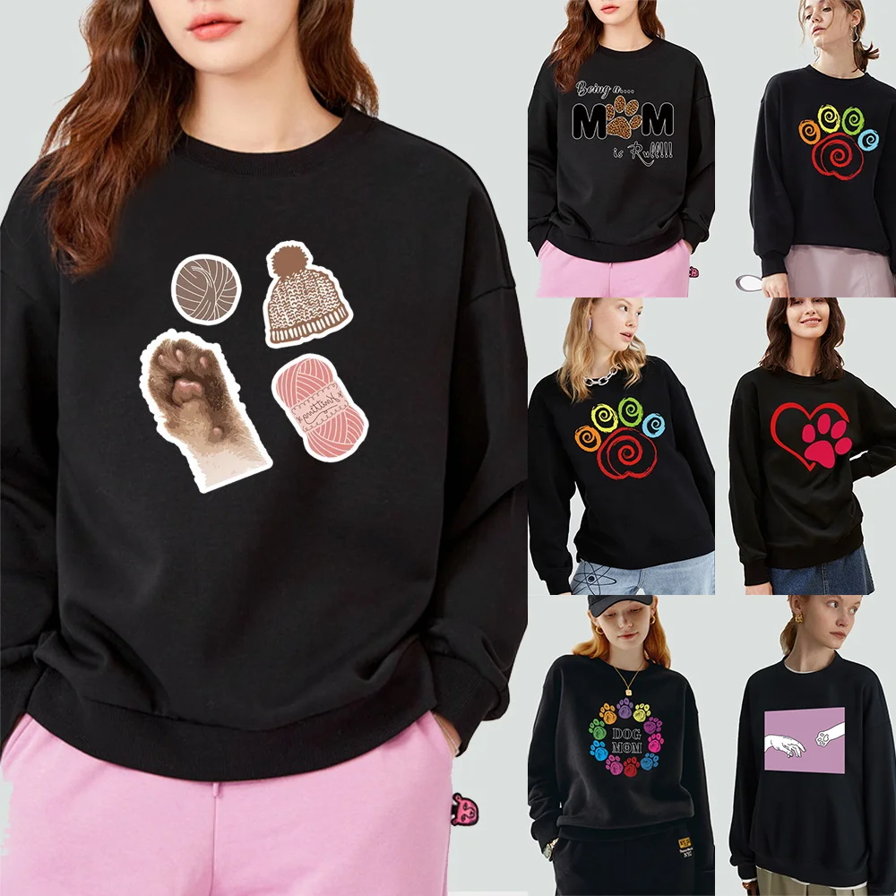 

Women Pullover Warm Long-sleeved Sweatshirt Casual Animal Footprint Pattern Round Neck Printing Black Autumn Polyester Clothing