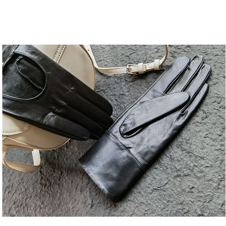 Women\'s Black Color Natural Sheepskin Leather Touchscreen Gloves Female Runway Fashion Genuine Leather Driving Glove R1151