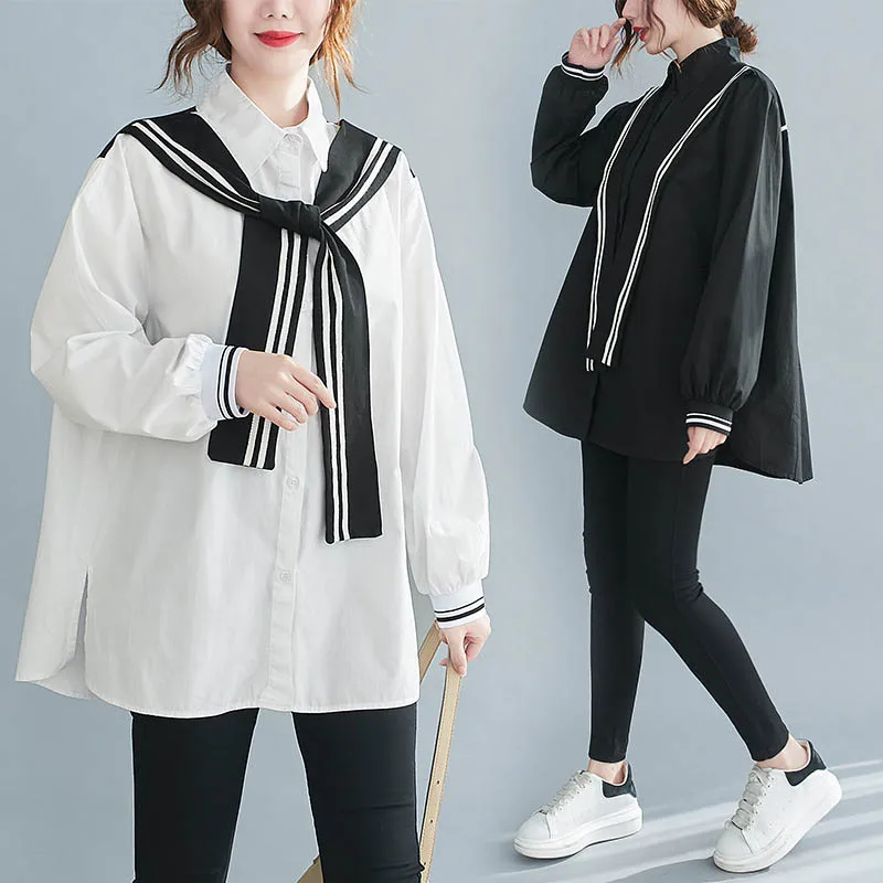 150Kg bust 150cm women's spring new loose long sleeve tie shirt 6XL 7XL 8XL 9XL striped long shirt black white