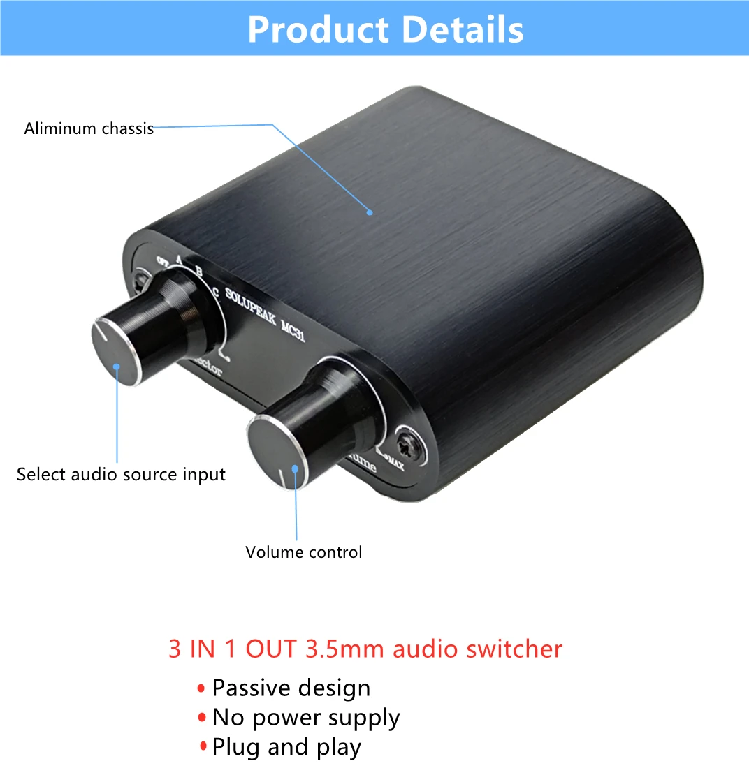 3.5mm Audio Switch with line Volume Controller, 3 In 1 Out 1/8\