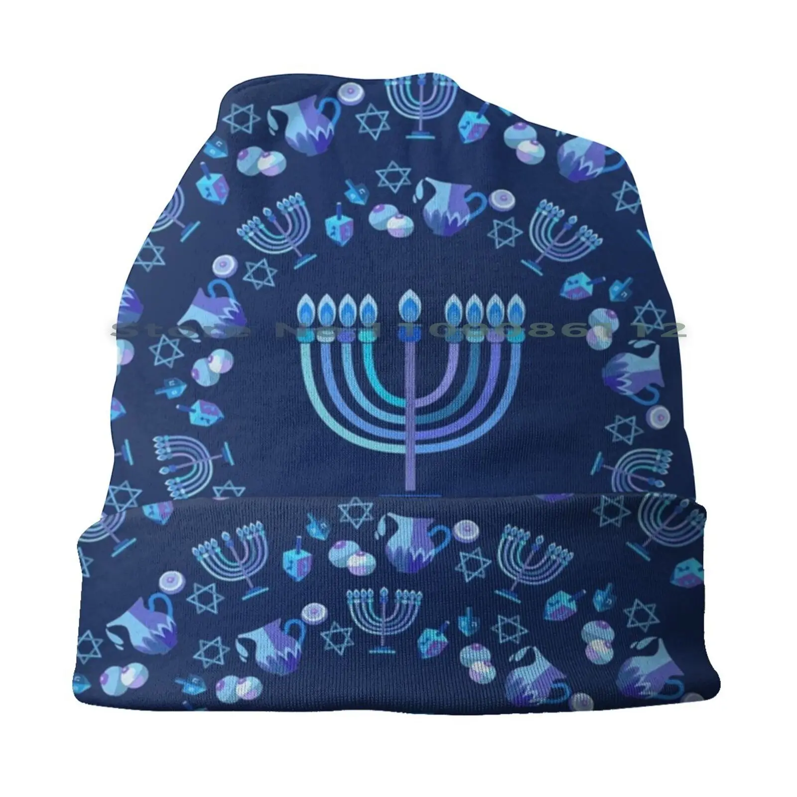 Menorah Jewish Holiday Hanukkah Party Navy Blue Hanukkiah Mandala Beanies Knit Hat Vintage Menorah Chanukkah Jewish Holiday