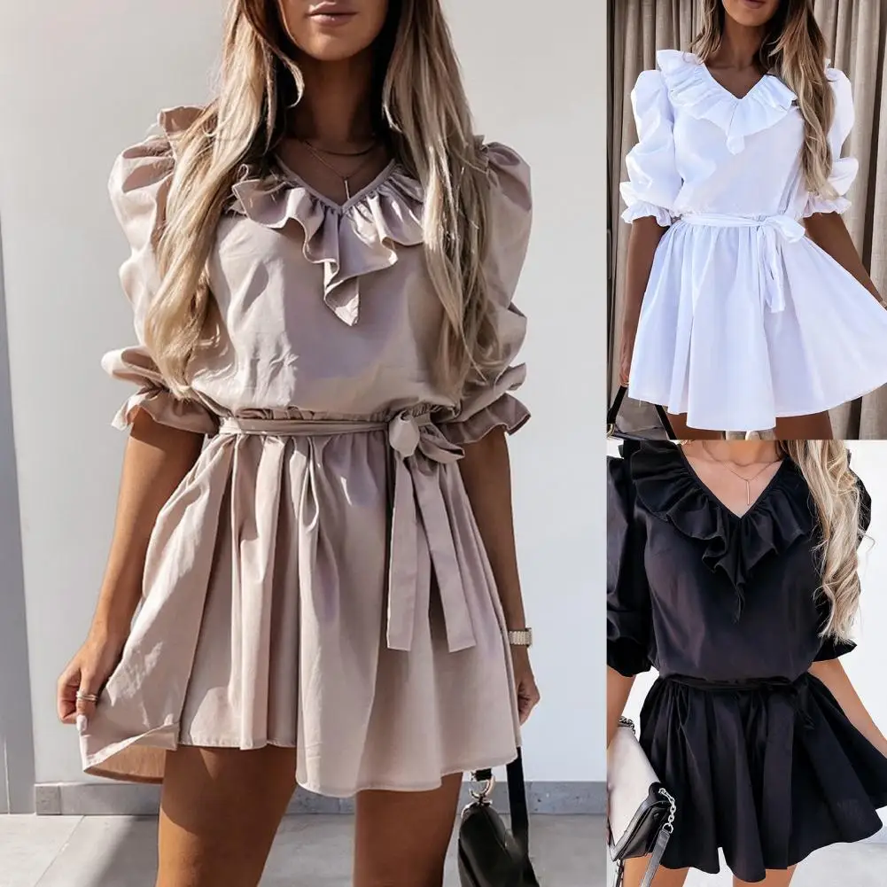 Dress Solid Color Ruffle Short Women V Neck Tight Waist Dress for Outdoor