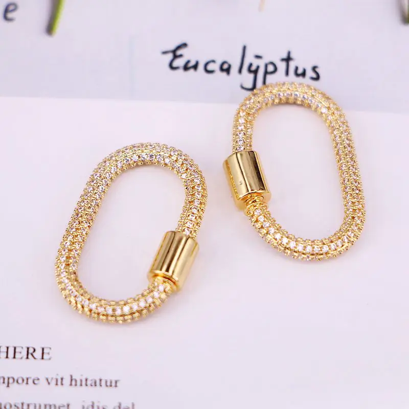 

4Pcs, CZ Micro Paved Oval-Shape Screw Clasps Zirconia Lock Carabiner Connector Clasps Necklace Making