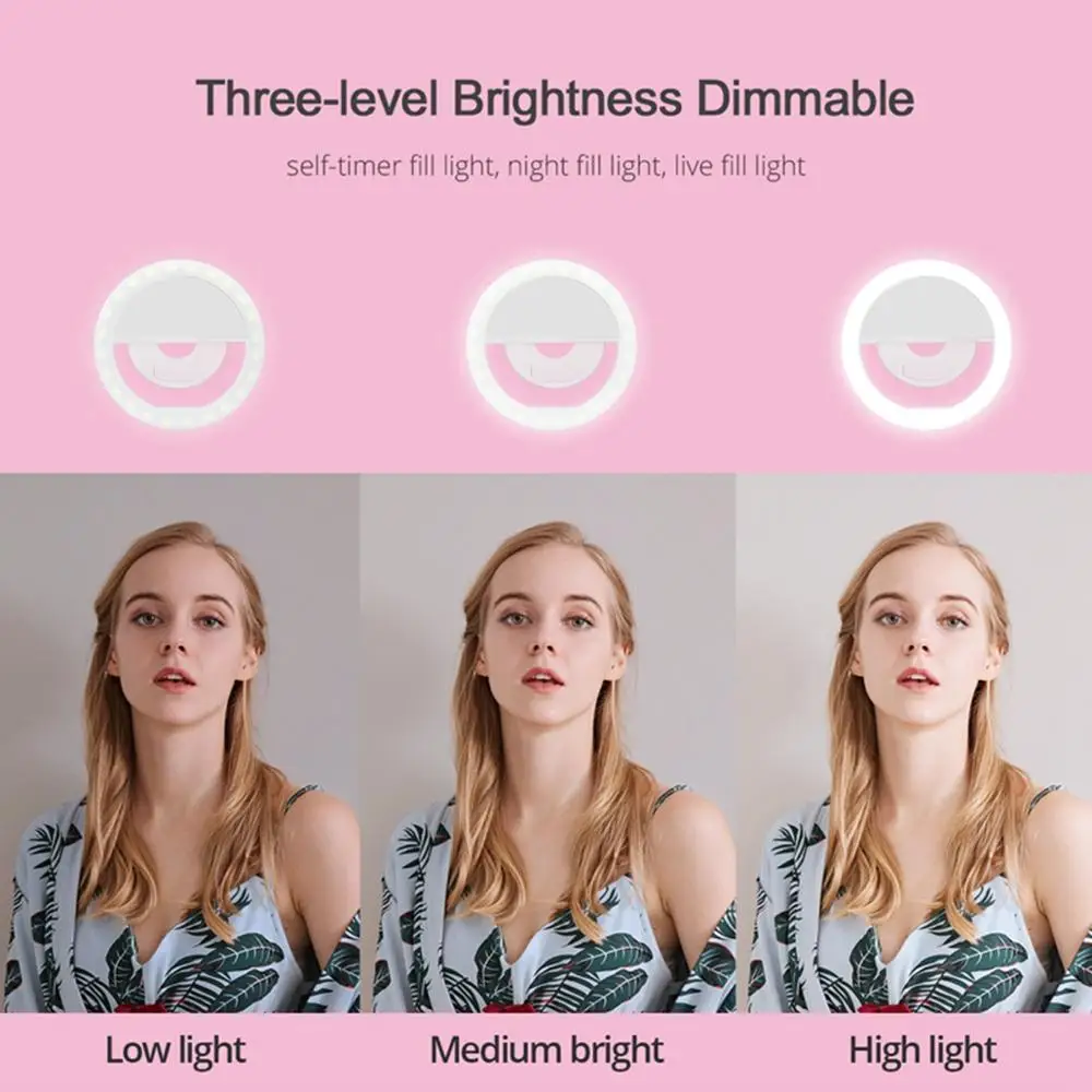 Di Động Ánh Sáng Ban Đêm Điện Thoại Sáng Đèn Led Máy Ảnh Kẹp Điện Thoại Di Động Selfie Ring Light Video Sạc Usb Cho tất Cả Điện Thoại