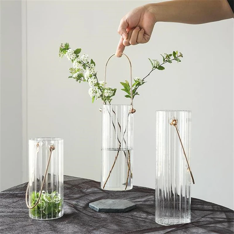 

Nordic Simple Stripe Vase with Handle, Tabletop Ornaments, Flower, Hydroponic Plant, Glass, Home Decoration Accessories