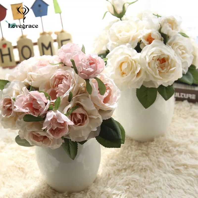 12 หัวเจ้าสาวประดิษฐ์ Rose Orchid Bouquet DIY ปลอมดอกไม้งานแต่งงานตารางห้องนั่งเล่น Decor ดอกไม้ Faux bundle