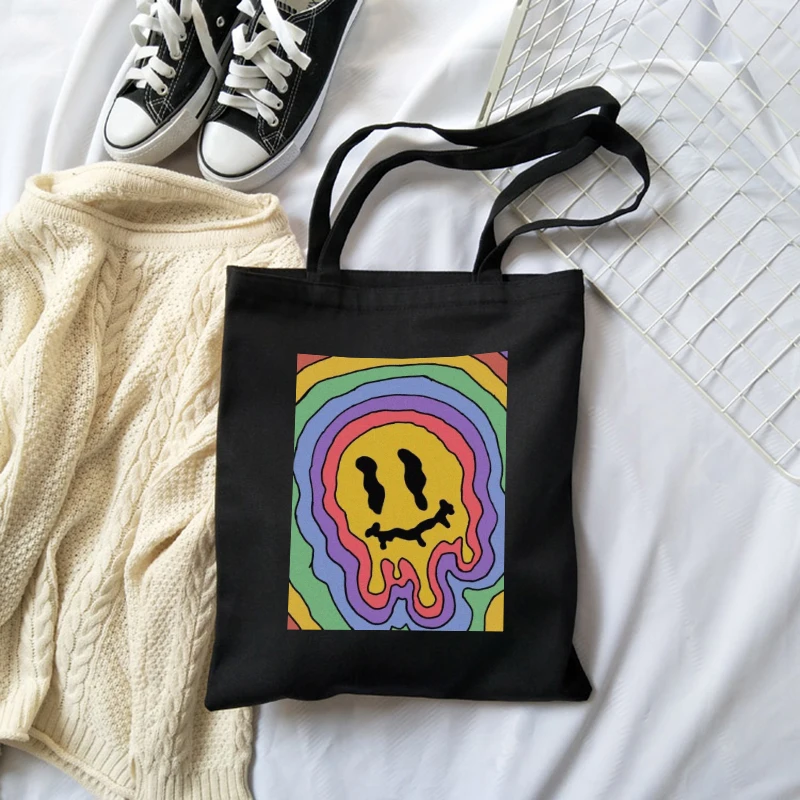 

Women Korea Ulzzang Cartoon Black Cotton Canvas Shopper Bag Girl Harajuku 90s Y2K Classic Vintage Shoulder Handbag Female Bolsa