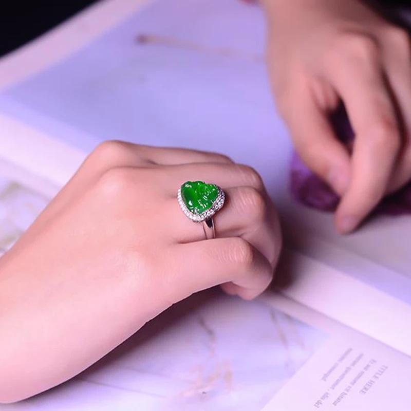 Inlaid crystal natural ice seed Hetian chalcedony green geometric opening adjustable ring temperament retro ladies jewelry