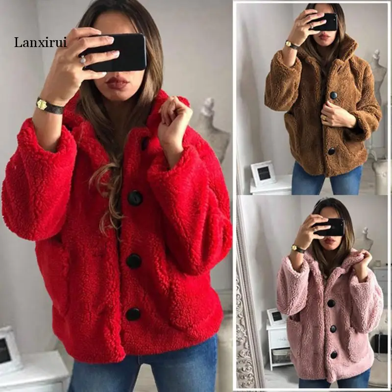 Warm PlushCoat Women Autumn Winter Warm Soft Fur Jacket Female Plush Overcoat Pocket Casual Teddy Outwear