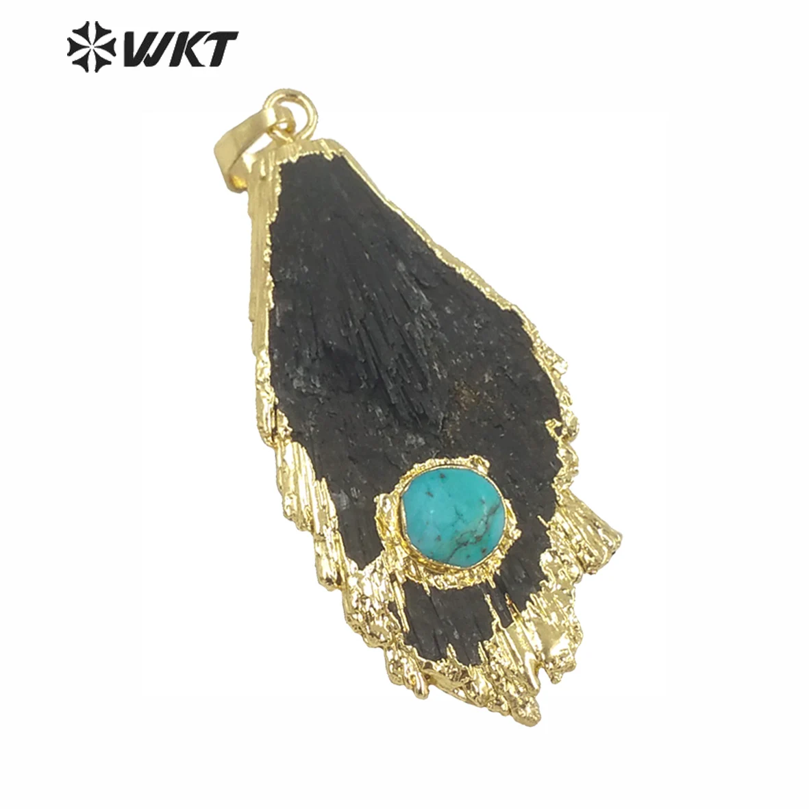 WT-P1132 Random Shape Black Obsidian With Green Stone Charm Pendant Gold Trim Black Kyanite Pendant Birthday Gift For Her