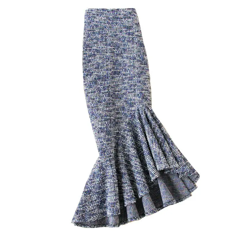 Free Shipping 2021 Fashion Long Mid-calf Wool Stretch Women Plus Size S-4XL Mermaid Style Ladies High Waist Ruffles Skirt