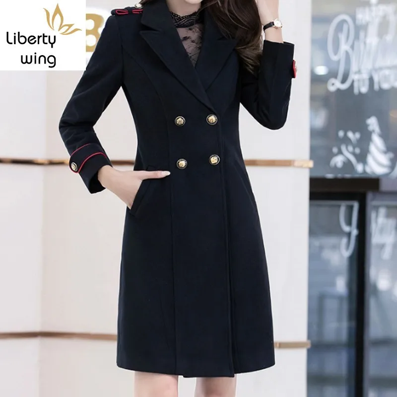 

Elegant Double Breasted Woolen Coat Women Korean Style Slim Business Long Suit Jacket High Quality Black Overcoat Plus Size 4XL