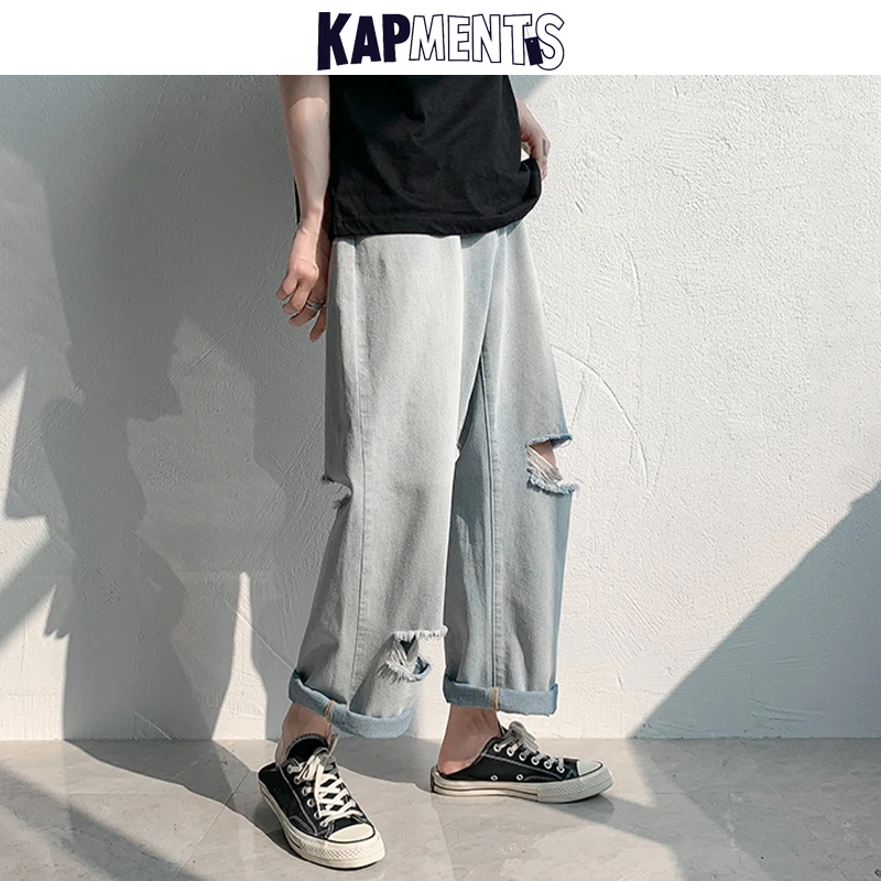 KAPMENTS Men Vintage Korean Streetwear Ripped Jeans 2023 Mens Spring Cargo Pants Harajuku Solid Denim Joggers Man Loose Trousers