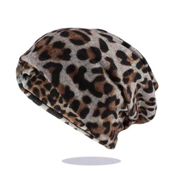 Hip Hop Women Fashion Leopard Print Warm Hat Caps For Girl Dot Spring Autumn Cotton Beanies Skullies Double Used Hats Scarf